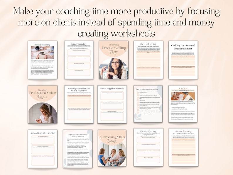 Op de afbeelding: Een set printbare werkbladen voor coaches om hen te helpen een uniek verkoopargument te cre&euml;ren, een persoonlijke merkverklaring te formuleren en netwerkvaardigheden te ontwikkelen. De werkbladen zijn ontworpen om coaches te helpen zich te concentreren op hun klanten in plaats van tijd en geld te besteden aan het maken van hun eigen materialen.