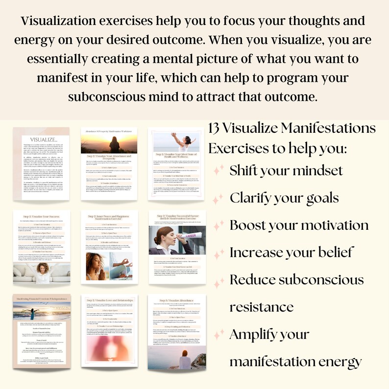 K&ouml;nnte beinhalten: Eine Collage von Bildern mit dem Text "Visualisiere Manifestationen &Uuml;bungen, um dir zu helfen: Ver&auml;ndere deine Denkweise, Kl&auml;re deine Ziele, Steigere deine Motivation, Erh&ouml;he deinen Glauben, Reduziere den unbewussten Widerstand, Verst&auml;rke deine Manifestationsenergie".
