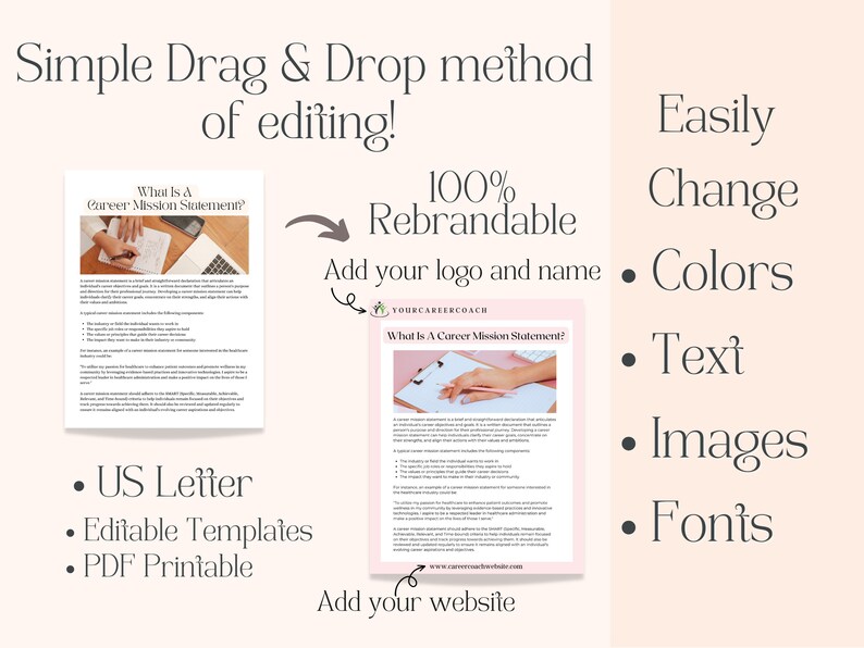 Op de afbeelding: Een digitale download van een printbaar werkblad met de titel "What is a Career Mission Statement?" met een eenvoudig ontwerp en een hand die op een laptop schrijft. Het werkblad is 100% rebrandable en kan gemakkelijk worden bewerkt met verschillende kleuren, tekst, afbeeldingen en lettertypen. Het werkblad is US Letter formaat en is printbaar als PDF.