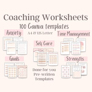 Könnte beinhalten: Eine Sammlung von 100 Canva-Vorlagen für Coaching-Arbeitsblätter. Die Vorlagen sind für die Formate A4 und US Letter konzipiert und behandeln Themen wie Angst, Zeitmanagement, Ziele, Selbstpflege und Stärken. Die Vorlagen sind vorgefertigt und einsatzbereit.
