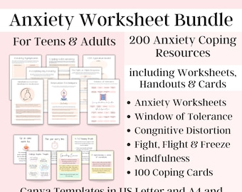 Anxiety coping skills workbook, Anxiety worksheets for teens and adults, Stress coping workbook, Life Coaching worksheets, coaching bundle