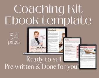 Könnte beinhalten: Eine Coaching-Kit-Ebook-Vorlage mit einem 54-seitigen Leitfaden. Die Ebook-Vorlage wird auf einem Laptop, Tablet und Smartphone angezeigt. Die Ebook-Vorlage ist verkaufsfertig und vorgefertigt.