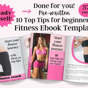 Könnte beinhalten: Eine rosa und schwarze Fitness-Ebook-Vorlage mit dem Titel "10 Top-Tipps für Fitness-Anfänger". Das Ebook-Cover zeigt eine Frau, die mit Hanteln trainiert, und den Text "Beginnen Sie Ihre Fitness-Reise mit diesen 10 Top-Tipps".