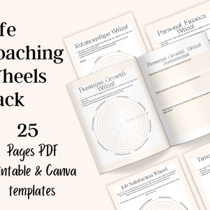 Peut inclure: Un ensemble de 25 modèles de roue de coaching de vie imprimables au format PDF. Les modèles sont conçus pour être utilisés avec Canva et comprennent des roues pour la croissance des affaires, les finances personnelles, les relations, la satisfaction au travail et la gestion du temps.