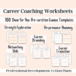 May include: A set of 100 printable career coaching worksheets for Canva. The worksheets cover topics such as strength exploration, performance planning, networking skills, career branding, and career transition. The worksheets are designed to help individuals develop their professional skills and advance their careers.
