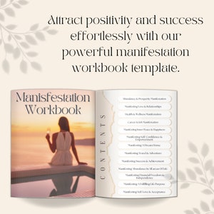 K&ouml;nnte beinhalten: Ein ge&ouml;ffnetes Buch mit dem Titel "Manifestation Workbook" mit einer Frau, die am Sonnenuntergang am Pool sitzt, auf dem Cover. Die Inhaltsseite des Buches listet verschiedene Manifestationsthemen auf, darunter F&uuml;lle, Liebe, Gesundheit, Karriere, innerer Frieden, Selbstvertrauen, Reisen, Erfolg und finanzielle Freiheit.