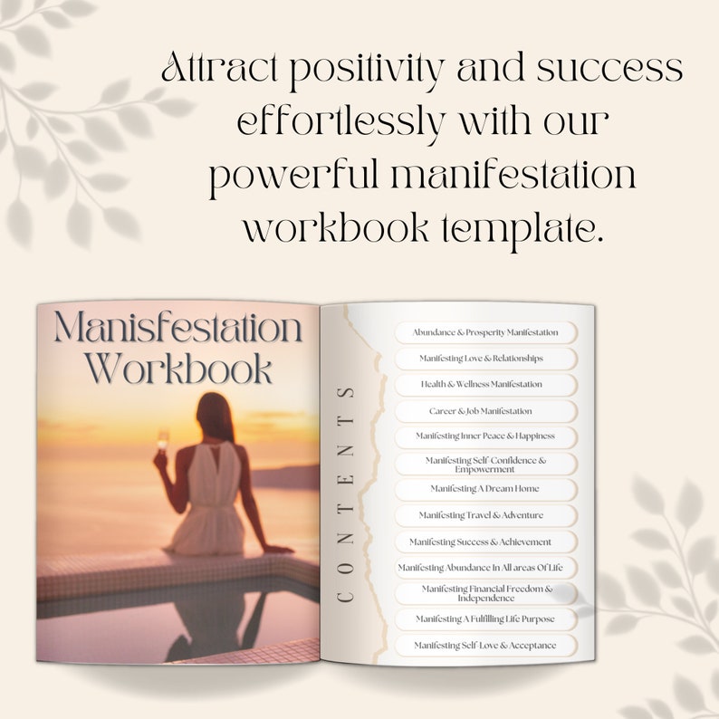 K&ouml;nnte beinhalten: Ein ge&ouml;ffnetes Buch mit dem Titel "Manifestation Workbook" mit einer Frau, die am Sonnenuntergang am Pool sitzt, auf dem Cover. Die Inhaltsseite des Buches listet verschiedene Manifestationsthemen auf, darunter F&uuml;lle, Liebe, Gesundheit, Karriere, innerer Frieden, Selbstvertrauen, Reisen, Erfolg und finanzielle Freiheit.
