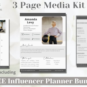 May include: A gray and white media kit template for a fitness influencer. The template includes a headshot of the influencer, Amanda Levy, with her social media handles and a list of services offered and rates. The text "FREE Influencer Planner Bundle!" is at the bottom of the page.