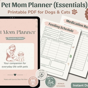 Peut inclure: Un planificateur numérique pour maman d'animaux de compagnie avec un design rose et blanc, avec une tablette affichant le titre et un dessin d'une personne avec un chat et un chien. Comprend des pages d'alimentation et de suivi des médicaments, ainsi que des autocollants bonus.