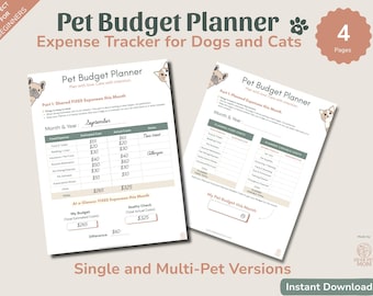 Planificateur budgétaire imprimable pour animaux de compagnie | Outil de suivi des dépenses pour animaux de compagnie pour chiens et chats