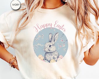 Comfort Colors Happy Easter Shirt Blue Floral Chinoiserie Bunny T-Shirt Grand Millennial Easter T Shirt Toile Easter Rabbit Shirt CC17.313