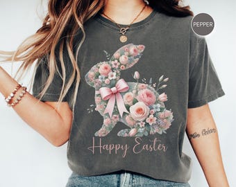 Comfort Colors Happy Easter Shirt Blue Floral Chinoiserie Bunny T-Shirt Grand Millennial TShirt Blue Toile Easter Rabbit Shirt Tee CC17.218
