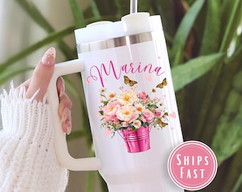 Love Shack Fancy Quencher Tumbler, 40oz Floral with Custom Name Quencher Tumbler, Floral Cup, Personalized Cottage Roses Tumbler Gift TU.174