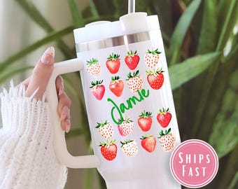 Custom Strawberry 40oz Tumbler, Cottagecore Berry Tumbler, Summer Strawberry Aesthetic Travel Mug, Botanical Garden Quencher Cup, TU.226
