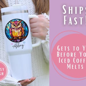 May include: White insulated tumbler with a large handle, featuring a colorful owl design in a stained-glass style. The tumbler has the name "Abbey" and two small hearts. The text "Glossy Finish" is in a pink circle.