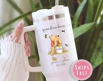 Custom Grandma Pooh Bear 40oz Tumbler, Grandma Cup with Kids Names Travel Mug, Personalized Est Date Piglet, Eeyore Tigger Quencher TU.117