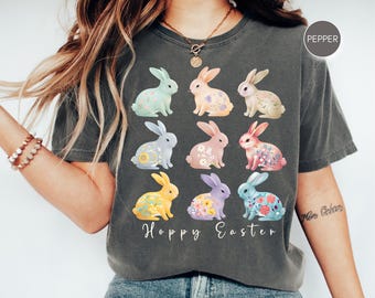 Comfort Colors Hoppy Easter Boho Shirt Spring Bunny Floral Pastel Easter Tshirt Cute Bunny Easter Egg Hunt Easter Rabbit T-shirt CC17.295