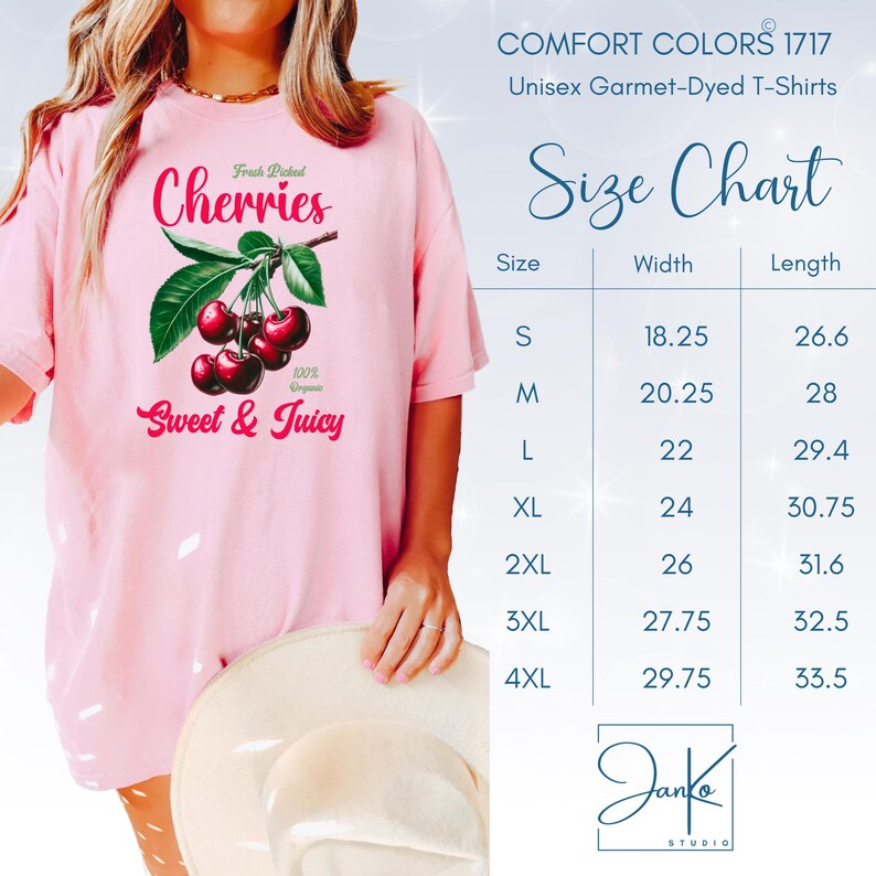 May include: Pink unisex t-shirt with a graphic of cherries and the text "Fresh Picked Cherries 100% Organic Sweet & Juicy". Size chart with measurements in inches.