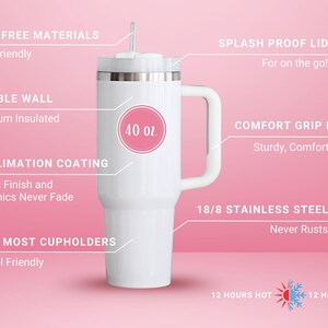 May include: White 40 oz. insulated tumbler with a handle, straw, and splash-proof lid. Features include double-wall vacuum insulation, sublimation coating, and 18/8 stainless steel. The tumbler is designed to fit most cupholders.
