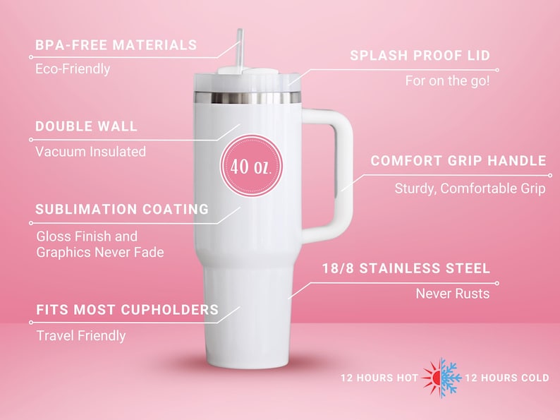 May include: White 40 oz. insulated tumbler with a handle, straw, and splash-proof lid. Features include double-wall vacuum insulation, sublimation coating, and 18/8 stainless steel. The tumbler is designed to fit most cupholders.
