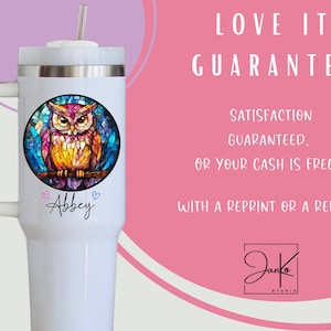 May include: White insulated tumbler with a handle and a straw. The tumbler features a colorful stained-glass owl design within a circular frame. The name "Abbey" is written below the owl, with two small hearts on either side.