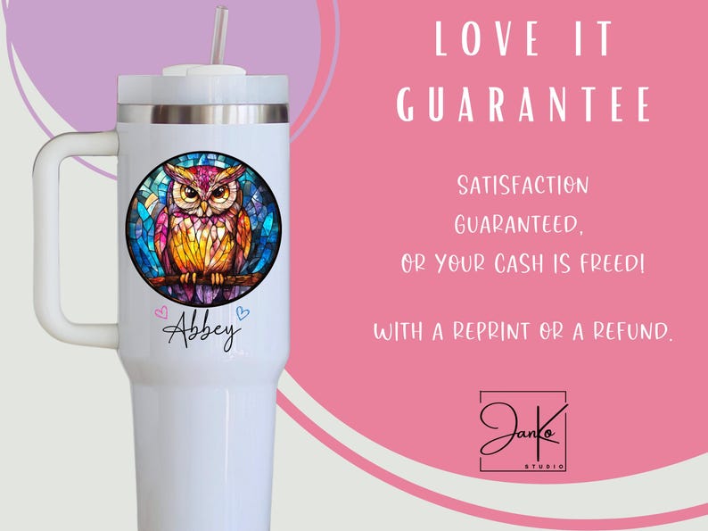 May include: White insulated tumbler with a handle and a straw. The tumbler features a colorful stained-glass owl design within a circular frame. The name "Abbey" is written below the owl, with two small hearts on either side.