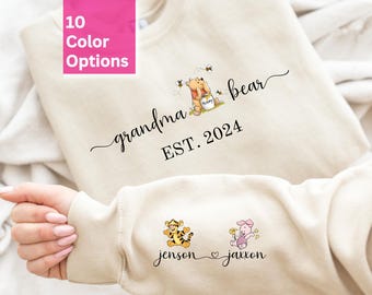 Custom Grandma Pooh Bear Sweatshirt Grandma with GrandKid Names on Sleeve Sweatshirts Grandma from Grandkids Piglet Tigger Eeyore G18.246