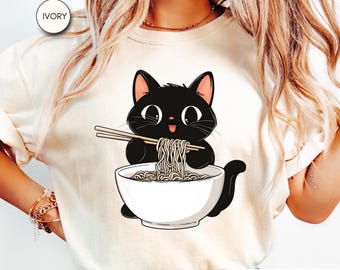 Comfort Colors® Ramen Cat T-Shirt Cat Lover Gift Kawaii Shirt Alt Tshirt Anime Cat Tee Japanese Shirts Foodies Ramen Lover Kitty CC17.270