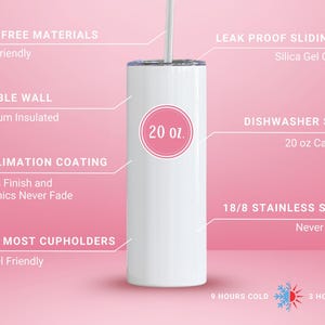 May include: White 20 oz tumbler with a pink accent. Features include a leak-proof sliding lid, double-wall vacuum insulation, and sublimation coating. Made of 18/8 stainless steel. Keeps drinks cold for 9 hours and hot for 3 hours.