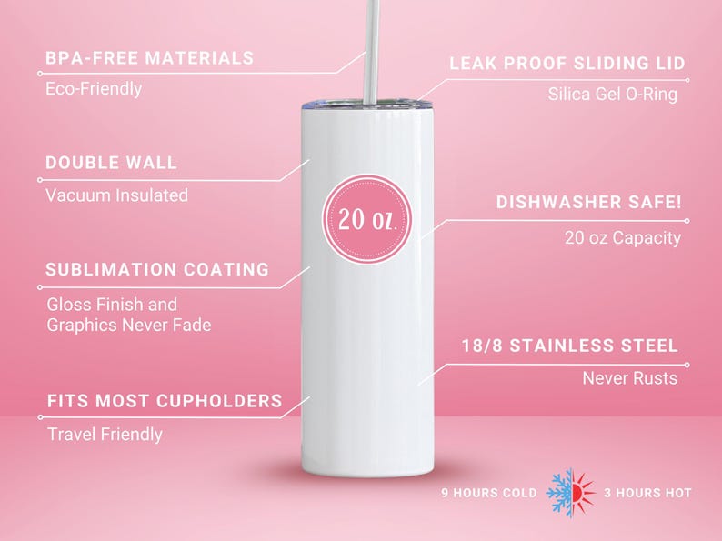 May include: White 20 oz tumbler with a pink accent. Features include a leak-proof sliding lid, double-wall vacuum insulation, and sublimation coating. Made of 18/8 stainless steel. Keeps drinks cold for 9 hours and hot for 3 hours.