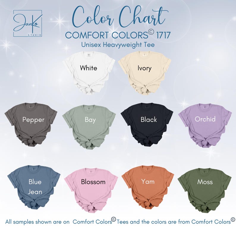 May include: Color chart showing 12 different colors of unisex heavyweight t-shirts. The colors are: White, Ivory, Pepper, Bay, Black, Orchid, Blue Jean, Blossom, Yam, Moss.