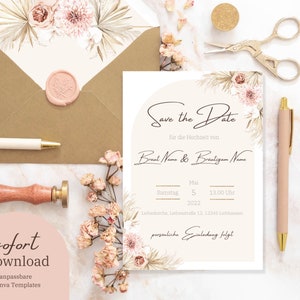 Elegante Boho Hochzeit Save the Date Vorlage - editierbare Hochzeit Save Date Karte zum Anpassen und Herunterladen als Download