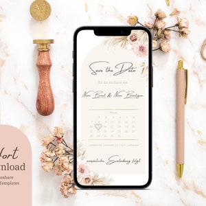 Digitale Smartphone Boho Save the Date Vorlage mit Kalender - editierbare Hochzeit Save Date Karte zum Anpassen, Herunterladen & Verschicken
