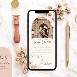 Digitale Smartphone Boho Dankeskarte - editierbare eCard für die Danksagung nach der Hochzeit zum Anpassen, Herunterladen & Versenden