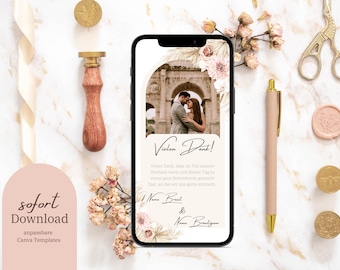 Digitale Smartphone Boho Dankeskarte - editierbare eCard für die Danksagung nach der Hochzeit zum Anpassen, Herunterladen & Versenden