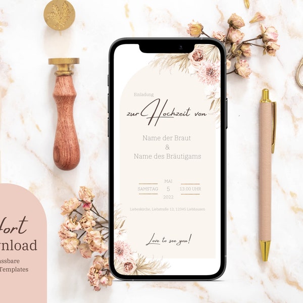 Digital eVite Boho Wedding Invitation - Editable Personalized Electronic Wedding Invitation with Photo, RSVP & Details as an eCard