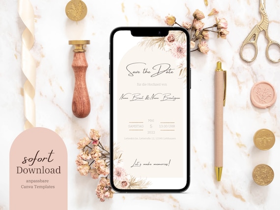 Digitale Smartphone Boho Hochzeit Save the Date Vorlage - editierbare Hochzeit Save Date eCard zum Anpassen, Herunterladen & Verschicken