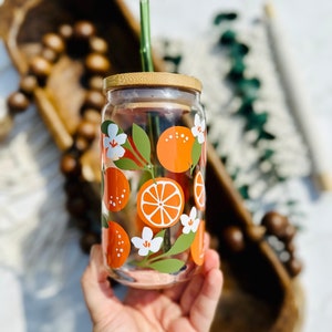Floral orange beer can glass, beer can glass, Beer glass, engraved bamboo lid, libby glass, boho art, coffee glass, iced coffee glass
