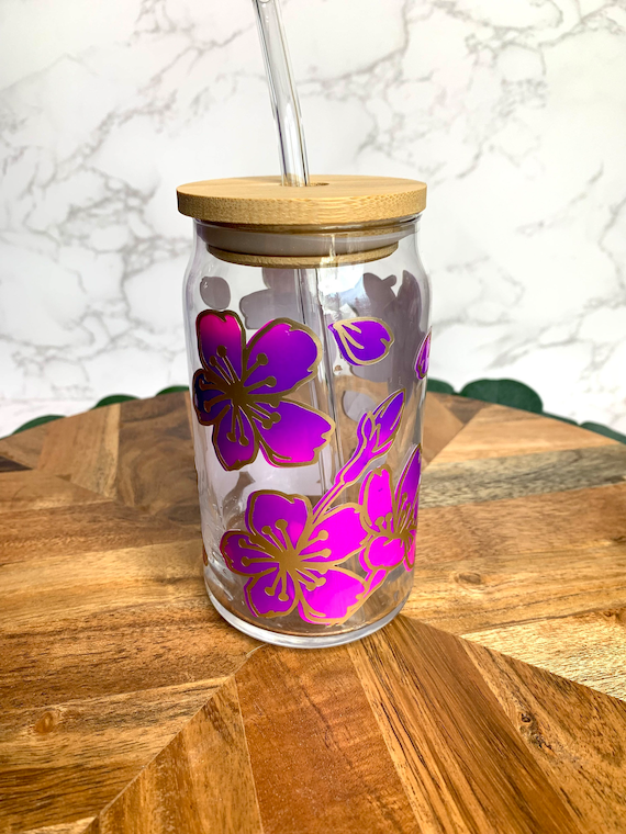 Color Changing Beer Can Glass, Floral Cup, Libbey Glass, Engraved Bamboo Lid,  Coffee Glass, Bamboo Lid and Glass Straw, Iced Coffee Glass -  Finland