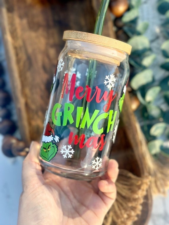 Grinch Christmas Light Can Glass | Grinchmas Cup | 16 oz cup with Bamboo  Lid and Glass Straw