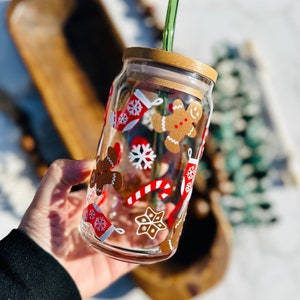 Gingerbread beer can glass, christmas libbey glass, personalized gift, Christmas gift, iced coffee cup, engraved bamboo lid and glass straw