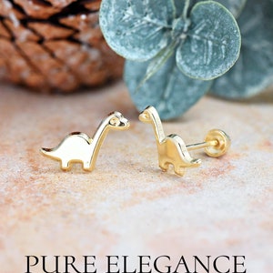 Dinosaur Stud Earrings | Solid 14k Yellow Gold Brachiosaurus Screw Back Earrings | Minimalist Jewelry | Earrings for Kids Children Girls