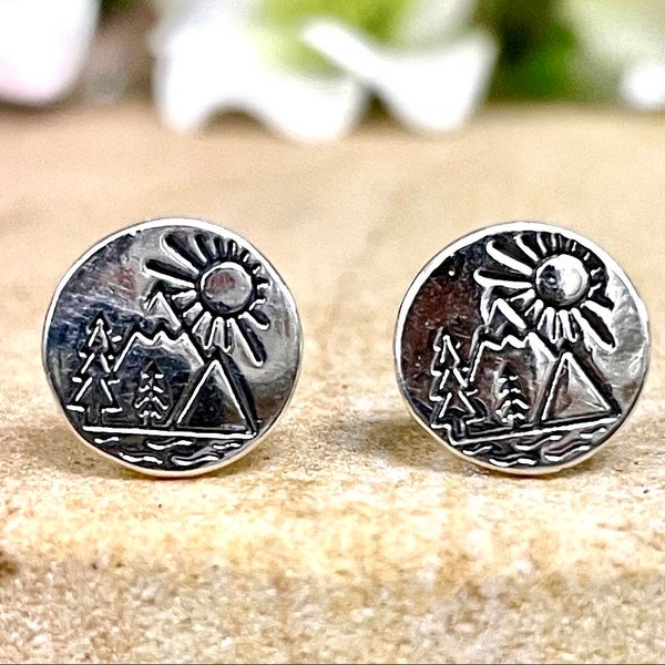 Forest Trees Round Stud Earrings | Solid 925 Sterling Silver Wilderness Scene Earrings Push Back | Nature Jewelry | Trendy | Minimalist