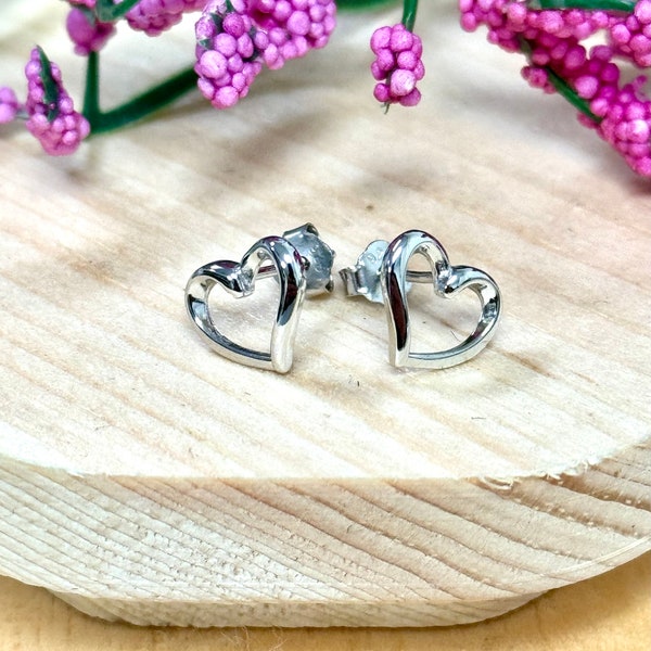Plain Open Heart Stud Earrings | Solid 925 Sterling Silver Heart Earrings Push Back | Trendy | Bridesmaids Gifts | For Her