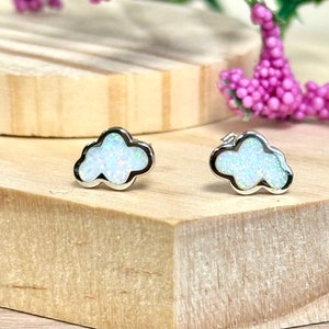 May include: A pair of silver cloud-shaped earrings with white opal accents.