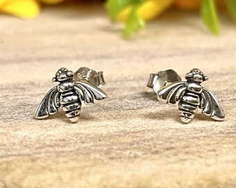 Tiny Bumblebee Stud Earrings: 925 Sterling Silver Honeybee Jewelry