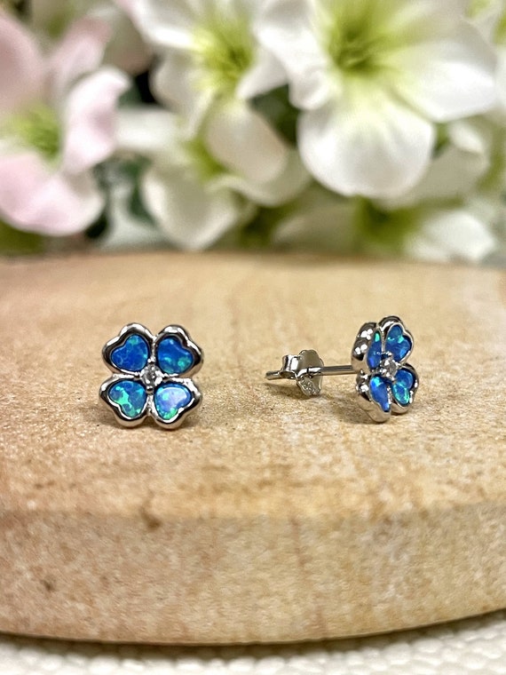 Plumeria Ocean Blue Fire Opal Silver Stud Earrings - Lab-Created Flower Jewelry