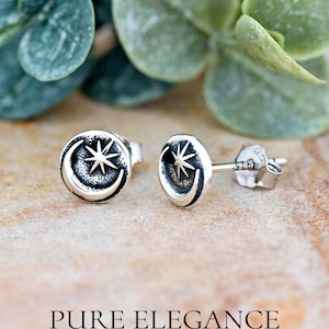 Crescent Moon Star Round Stud Earrings | Solid 925 Sterling Silver Half Moon Earrings Push Back | Celestial Jewelry | Trendy | Minimalist