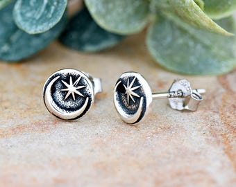 Sterling Silver Crescent Moon Star Stud Earrings: Celestial Jewelry
