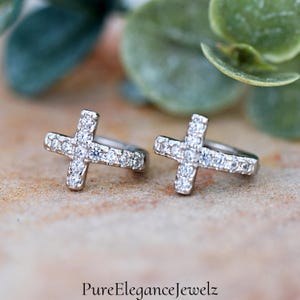 CZ Cross Huggie Earrings | Solid 925 Sterling Silver Cubic Zirconia Huggie Earrings | Trendy Jewelry | Cross Jewelry | For Her